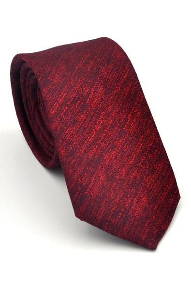 Kırmızı Kırcıllı Desenli Bordo Dokuma Kumaş Mendilli Slim Fit Kravat // SDK-2501-4 ürün görseli 1