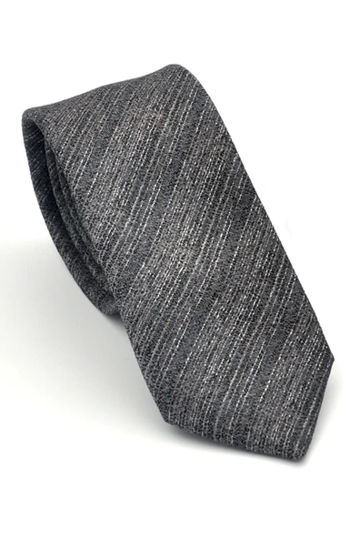 Gri Kırcıllı Desenli Füme Dokuma Kumaş Mendilli Slim Fit Kravat // SDK-2501-3 ürün görseli 1