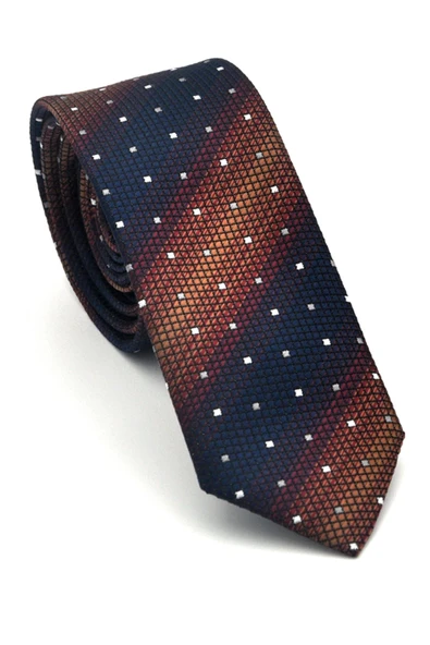 Kahverengi Verev Desenli Lacivert Dokuma Kumaş Mendilli Slim Fit Kravat // SDK-2505-2 ürün görseli 1