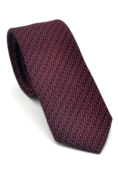 Beyaz Kırcıl Desenli Bordo Dokuma Kumaş Mendilli Slim Fit Kravat // SDK-2504-3 ürün görseli 1