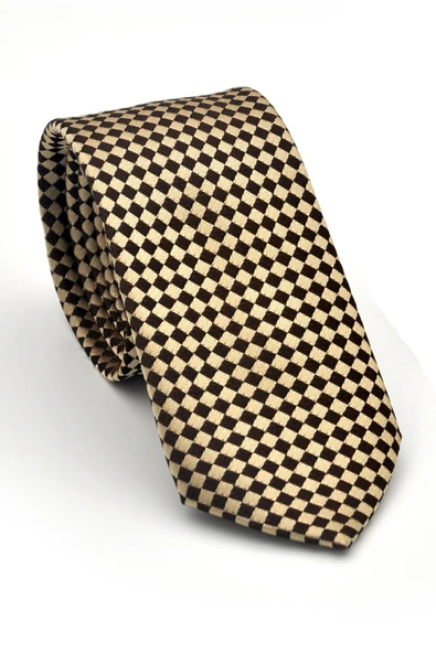 Kahverengi Piti Kare Desenli Bej Dokuma Kumaş Mendilli Slim Fit Kravat // SDK-2503-5 ürün görseli 1