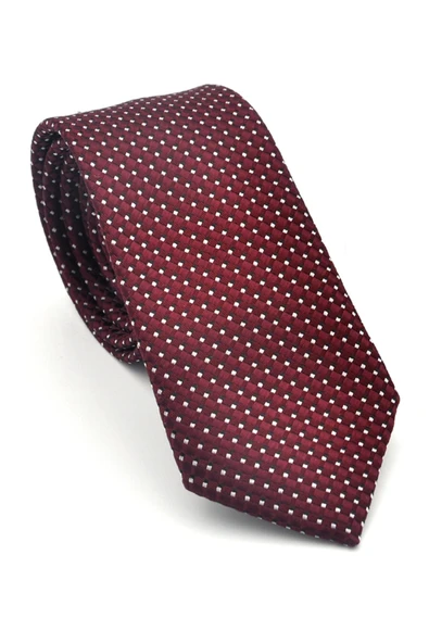 Beyaz Küçük Kare Desenli Bordo Dokuma Kumaş Mendilli Slim Fit Kravat // SDK-2511-3 ürün görseli 1