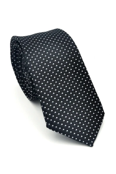 Beyaz Küçük Kare Desenli Siyah Dokuma Kumaş Mendilli Slim Fit Kravat // SDK-2511-1 ürün görseli 1