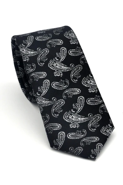Gri Şal Desenli Siyah Dokuma Kumaş Mendilli Slim Fit Kravat // SDK-2507-1 ürün görseli 1