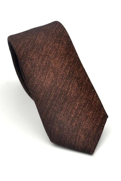 Bej Kırcıllı Desenli Koyu Kahverengi Dokuma Kumaş Mendilli Slim Fit Kravat // SDK-2501-6 ürün görseli 1