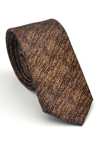 Bej Kırcıllı Desenli Açık Kahverengi Dokuma Kumaş Mendilli Slim Fit Kravat // SDK-2501-5 ürün görseli 1