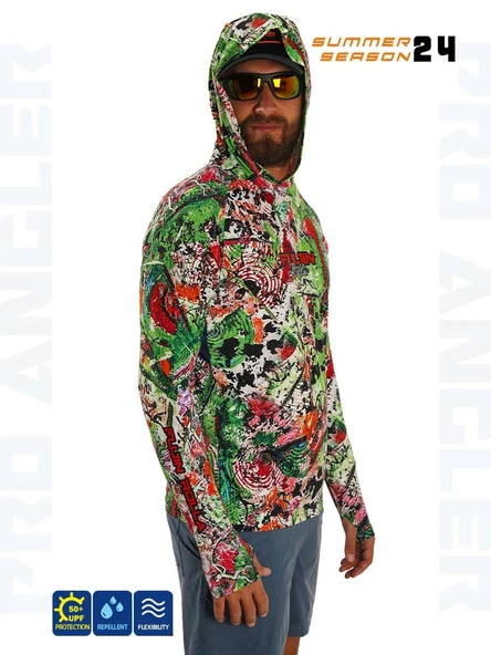 Fujin Hooded Makai Green Red UV Korumalı Balıkçı Sweatshirt ürün görseli 1
