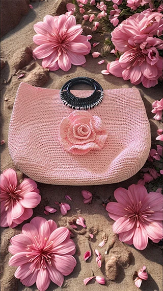 Pembe Gül detaylı Kağıt İp Plaj Çantası ürün görseli 1