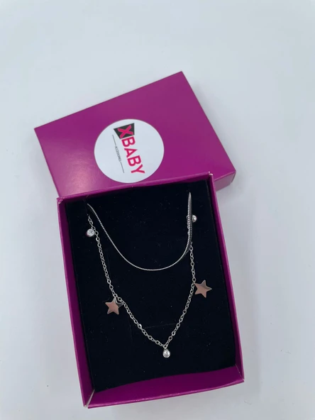 Xbaby İkili Yıldız Taşlı Çelik Gümüş Renk Kolye ürün görseli 1