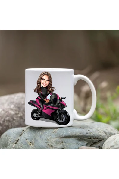 Özcan Tasarım Kişiye Özel Bardak - Karikatür Bardak - Motorlu Kadın Bardağı ürün görseli 1