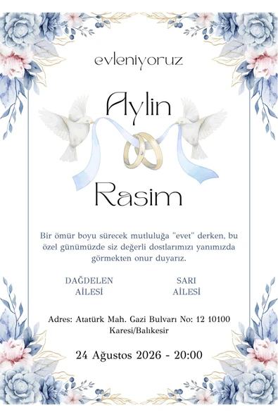 Özcan Tasarım Kişiye Özel Davetiye - Düğün Davetiye - Nişan Davetiye - Nikah Davetiye ( Zarflı ) ( 50 Adet ) MDL 8 ürün görseli 1