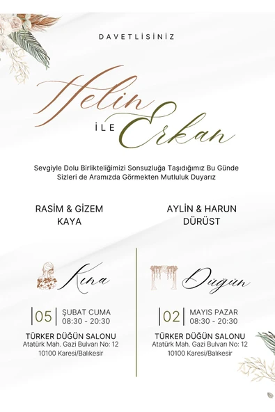 Özcan Tasarım Kişiye Özel Davetiye - Düğün Davetiye - Nişan Davetiye - Nikah Davetiye ( Zarflı ) ( 50 Adet ) ürün görseli 1