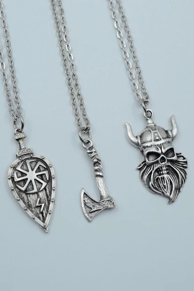 3'lü Viking Kalkan Viking Balta Viking Savaşçı Gümüş Kaplama Kolye Seti ürün görseli 1