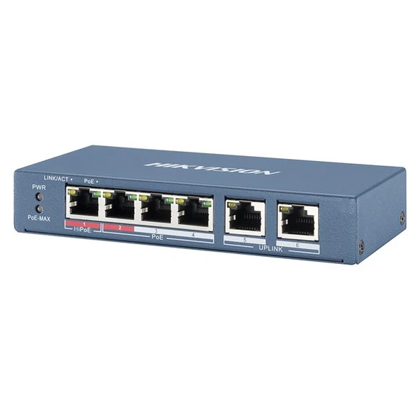 HIKVISION 4port 65w FULL PoE DS-3E0106HP-E 10/100 2X-UPLINK Yönetilemez Switch Metal ürün görseli 1