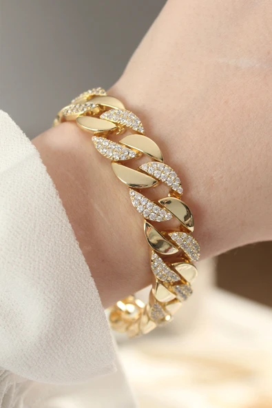 Vip Seri Pirinç Zirkon Taşlı Gold Renk Gurmet Bileklik - TJ-BB6049 ürün görseli 1