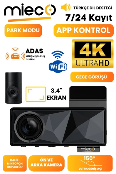 Mieco A11 Wifi/ 4K UHD/ 150 Ultra Geniş Açı/ GPS/ ADAS/ Ön+Arka Araç Kamerası ürün görseli 1