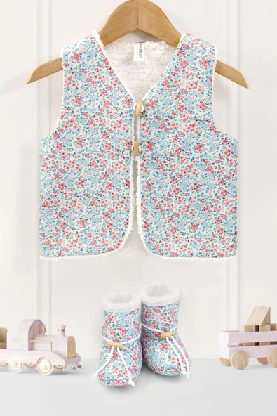 Unisex Yelek Patik Takımı 2li Set Çift Taraf 18-24 Ay Düğmeli Yenidoğan Pamuklu Koyun Tüyü Loom ürün görseli 1