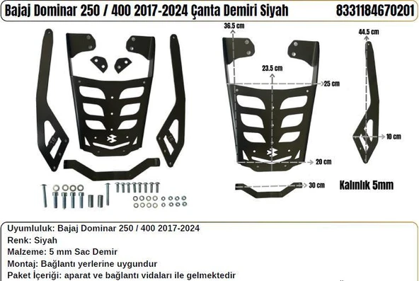 Bajaj Dominar 250-400 Arka Çanta Taşıma Demiri-2017-2024 Uyumlu- Siyah- 5 mm ürün görseli 1