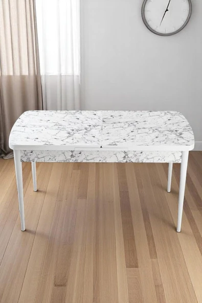 Kaktüs Avm Milas Serisi 80 x 132 Açılabilen Beyaz Mermer MDF Mutfak Masası, Yemek Masası Metal Ayak ürün görseli 1