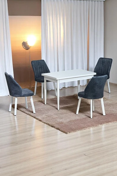 Kaktüs Avm ARVEN Beyaz MDF 70x110 Sabit Mutfak Masası Takımı Beyaz Metal Ayak 4 Füme Kot Desen Sandalye ürün görseli 1