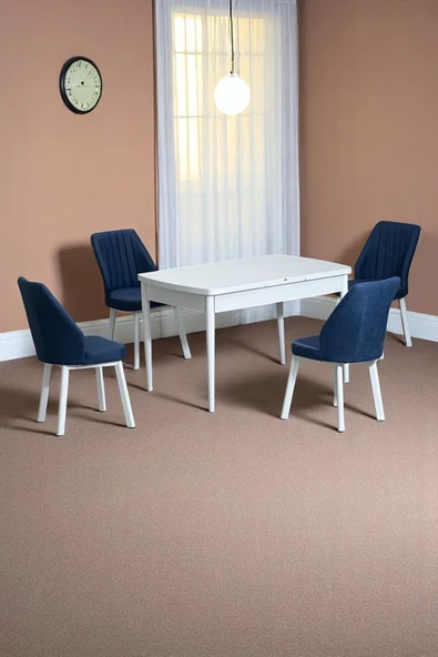 Kaktüs Avm Florn Beyaz 80 x 132 Açılabilen MDF Masa Metal Ayaklı Mutfak Masası Takımı 4 Lacivert Sandalye ürün görseli 1