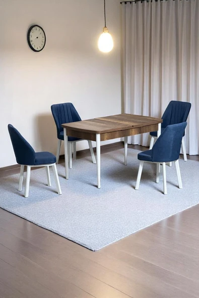 Kaktüs Avm Florn Ceviz 80 x 132 Açılabilen MDF Masa Metal Ayaklı Mutfak Masası Takımı 4 Lacivert Sandalye ürün görseli 1