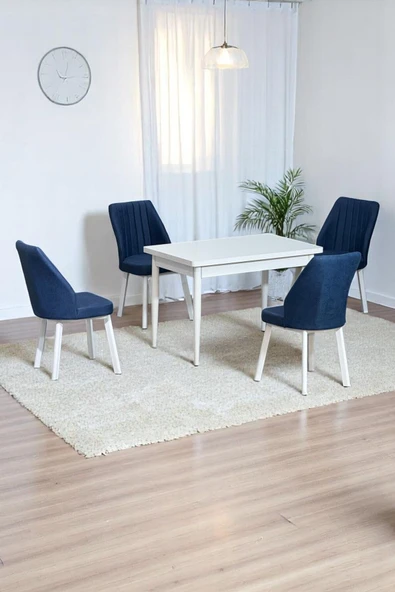 Kaktüs Avm ARVEN Beyaz MDF 70x110 Sabit Mutfak Masası Takımı Beyaz Metal Ayak 4 Lacivert Sandalye ürün görseli 1