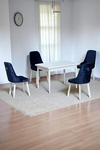 Kaktüs Avm Still Beyaz MDF 70x110 Sabit Mutfak Masası Takımı Beyaz Metal Ayak 4 Lacivert Sandalye ürün görseli 1