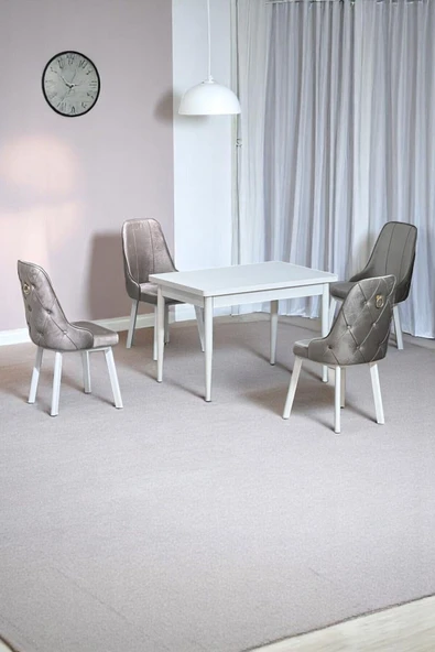 Kaktüs Avm Still Beyaz MDF 70x110 Sabit Mutfak Masası Takımı Beyaz Metal Ayak 4 Cappucino Sandalye ürün görseli 1