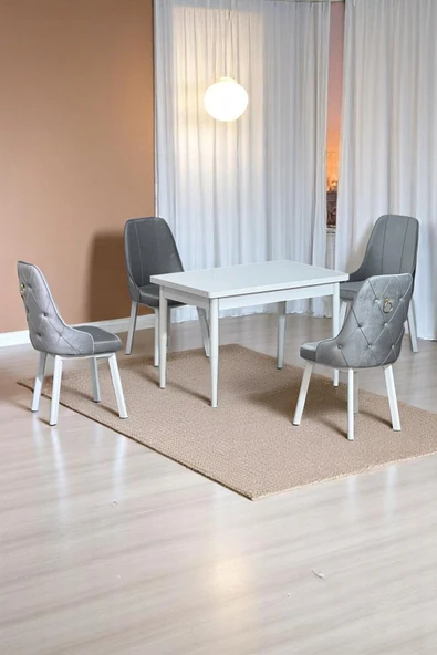 Kaktüs Avm Still Beyaz MDF 70x110 Sabit Mutfak Masası Takımı Beyaz Metal Ayak 4 Gri Sandalye ürün görseli 1