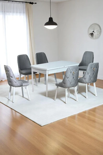 Kaktüs Avm Sonata Beyaz 80 x 132 Açılabilen MDF Masa Metal Ayaklı Mutfak Masası Takımı 6 Gri Sandalye ürün görseli 1
