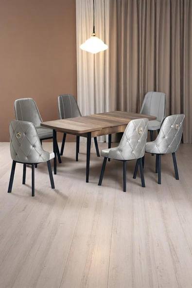Kaktüs Avm Sonata Ceviz 80 x 132 Açılabilen Sunta Masa Siyah Metal Ayaklı Mutfak Masası 6 Cappucino Sandalye ürün görseli 1