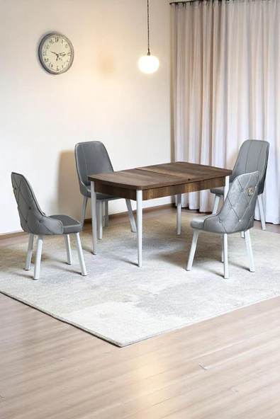 Kaktüs Avm Monera Ceviz 80 x 132 Açılabilen Sunta Masa Metal Ayaklı Mutfak Masası Takımı 4 Gri Sandalye ürün görseli 1