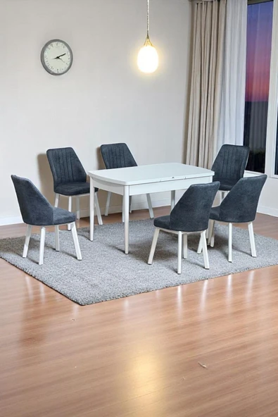 Kaktüs Avm Sera Beyaz 80 x 132 Açılabilen MDF Masa Beyaz Metal Ayaklı Mutfak Masası 6 Füme Kot Desen Sandalye ürün görseli 1