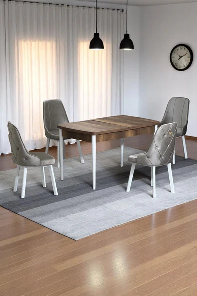 Kaktüs Avm Monera Ceviz 80 x 132 Açılabilen Sunta Masa Metal Ayaklı Mutfak Masası Takımı 4 Cappucino Sandalye ürün görseli 1