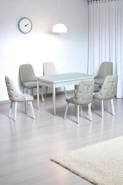 Kaktüs Avm Sonata Beyaz 80 x 132 Açılabilen MDF Masa Metal Ayaklı Mutfak Masası Takımı 6 Krem Sandalye ürün görseli 1