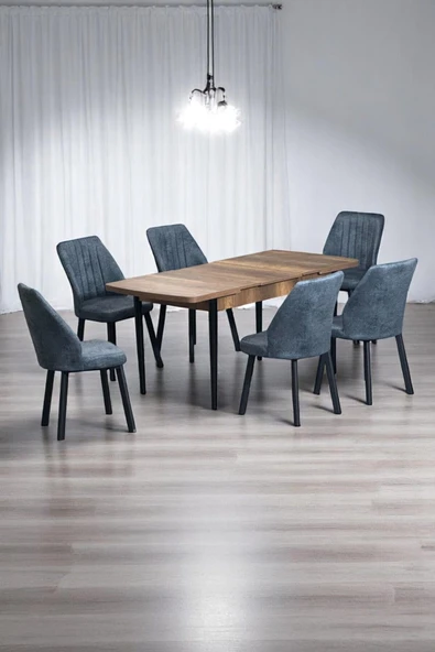 Kaktüs Avm Luna Ceviz 80 x 132 Açılabilen MDF Masa Siyah Metal Ayaklı Mutfak Masası 6 Kot Desen Füme Sandalye ürün görseli 1
