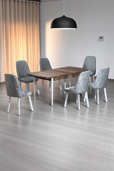 Kaktüs Avm Minel Açılabilen Metal Ayak MDF Mutfak Masası Takımı 6 Gri Sandalye 80 x 132 ürün görseli 1