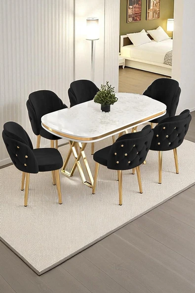 Kaktüs Avm 6'lı Mutfak Sandalyesi Salon Sandalyesi Gold Düğme Gold Konik Ayak Çift Papel Sandalye Baby Face ürün görseli 1