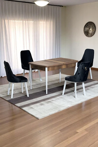 Kaktüs Avm Monera Ceviz 80 x 132 Açılabilen MDF Masa Metal Ayaklı Mutfak Masası Takımı 4 Siyah Sandalye ürün görseli 1