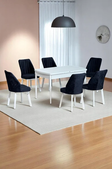 Kaktüs Avm Sera Beyaz 80 x 132 Açılabilen MDF Masa Beyaz Metal Ayaklı Mutfak Masası 6 Siyah Sandalye ürün görseli 1