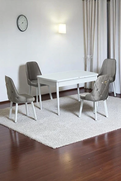 Kaktüs Avm Monera Beyaz 80 x 132 Açılabilen Sunta Masa Metal Ayaklı Mutfak Masası Takımı 4 Cappucino Sandalye ürün görseli 1