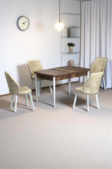 Kaktüs Avm Florn Ceviz 80 x 132 Açılabilen MDF Masa Metal Ayaklı Mutfak Masası Takımı 4 Krem Sandalye ürün görseli 1