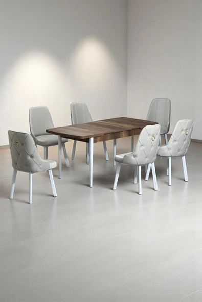 Kaktüs Avm Minel Açılabilen Metal Ayak MDF Mutfak Masası Takımı 6 Krem Sandalye 80 x 132 ürün görseli 1