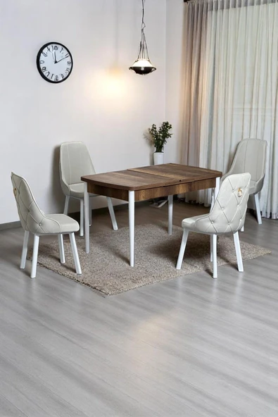 Kaktüs Avm Monera Ceviz 80 x 132 Açılabilen Sunta Masa Metal Ayaklı Mutfak Masası Takımı 4 Krem Sandalye ürün görseli 1