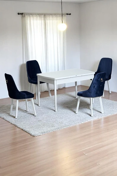 Kaktüs Avm Monera Beyaz 80 x 132 Açılabilen MDF Masa Metal Ayaklı Mutfak Masası Takımı 4 Lacivert Sandalye ürün görseli 1