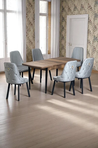 Kaktüs Avm Sonata Ceviz 80 x 132 Açılabilen MDF Masa Siyah Metal Ayaklı Mutfak Masası Takımı 6 Gri Sandalye ürün görseli 1