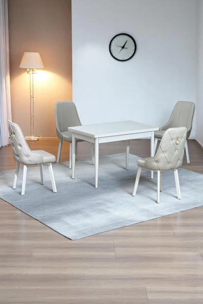 Kaktüs Avm Monera Beyaz 80 x 132 Açılabilen Sunta Masa Metal Ayaklı Mutfak Masası Takımı 4 Krem Sandalye ürün görseli 1