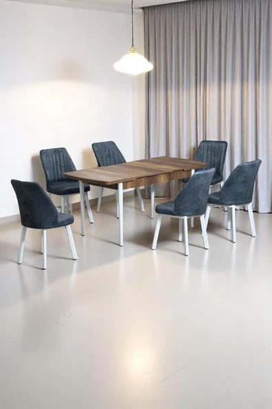 Kaktüs Avm Sera Ceviz 80 x 132 Açılabilen MDF Masa Beyaz Metal Ayaklı Mutfak Masası 6 Kot Füme Sandalye ürün görseli 1