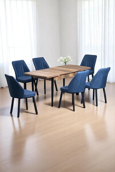 Kaktüs Avm Luna Ceviz 80 x 132 Açılabilen MDF Masa Siyah Metal Ayaklı Mutfak Masası 6 Lacivert Sandalye ürün görseli 1